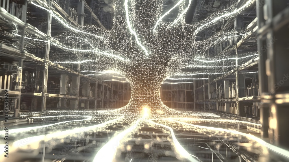 Poster A peaceful, softly glowing network of interconnected shapes symbolizing the fluidity of AI models learning from data, calming and abstract, 4K resolution