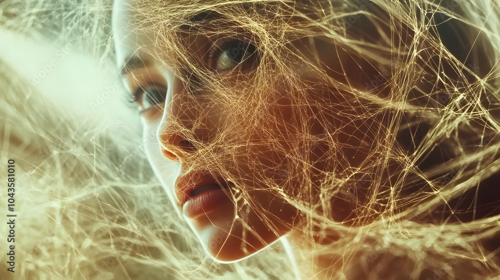 Poster A calm, methodical glowing web of abstract shapes symbolizing AI s analytical processing, relaxed and controlled, 4K resolution