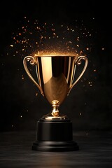 A golden trophy shines brightly as sparkling dust swirls around it in a darkened room