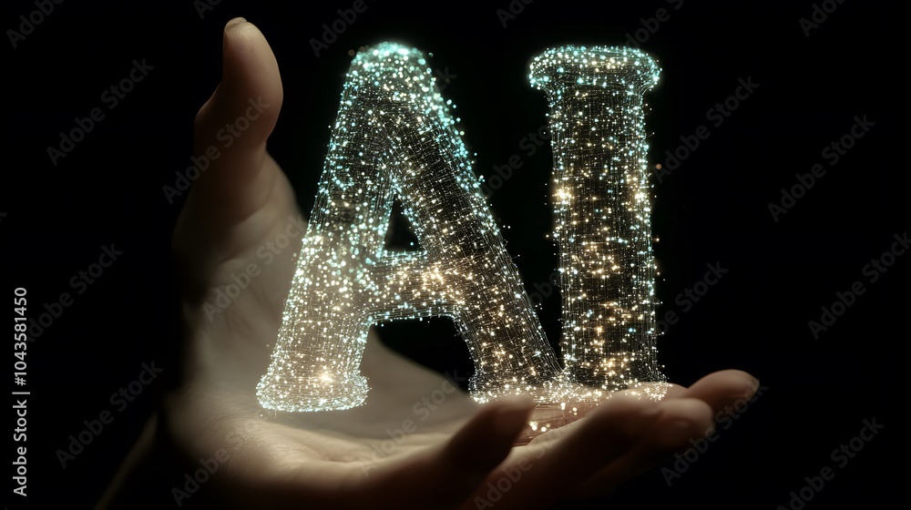 Poster Abstract glowing shapes forming a network around the letters AI, representing artificial intelligence and data flow, no background, 4K resolution
