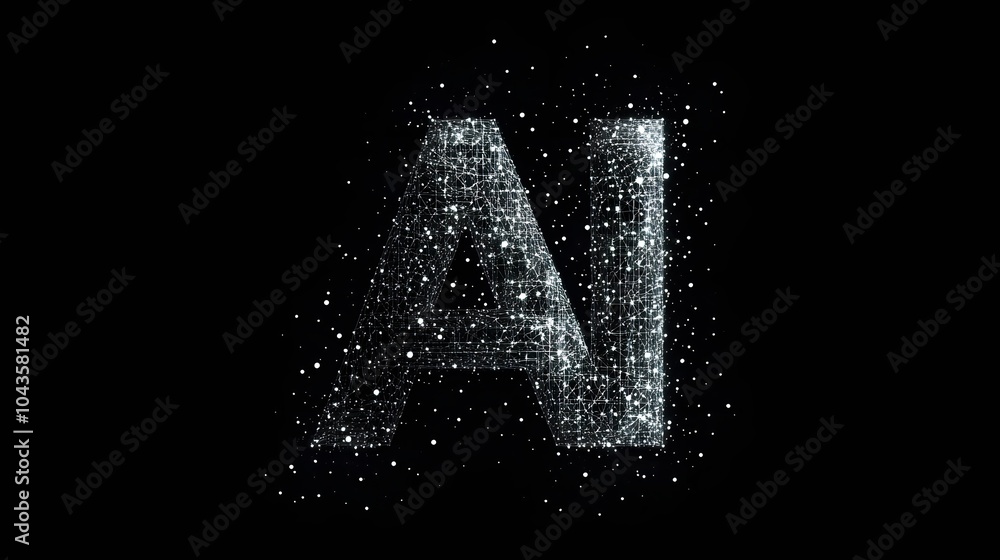 Poster Abstract glowing shapes forming a network around the letters AI, representing artificial intelligence and data flow, no background, 4K resolution