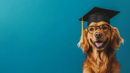 A cheerful dog wearing glasses and a graduation cap against a blue background, embodying a fun and academic spirit.