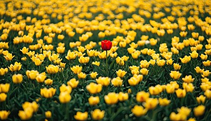 A vibrant field of yellow tulips, with one red flower standing out in the middle, symbolizing individuality and self-expression