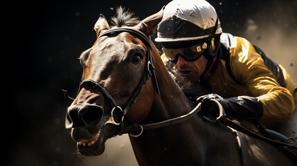 Obraz premium Close-Up of a Jockey Riding Hard in a High-Speed Race