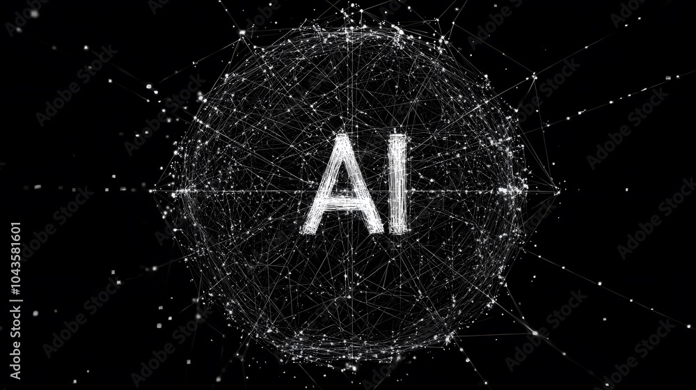 Poster A smooth, glowing web of interconnected shapes around the letters AI, visualizing machine learning, no background, 4K resolution