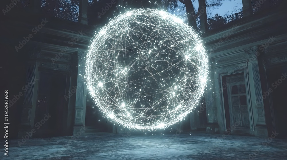Poster AI glowing brightly in the middle of a futuristic abstract network of shapes, symbolizing data-driven intelligence, no background, 4K resolution