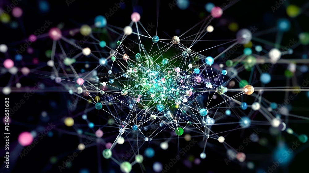 Poster AI glowing brightly in the middle of a futuristic abstract network of shapes, symbolizing data-driven intelligence, no background, 4K resolution