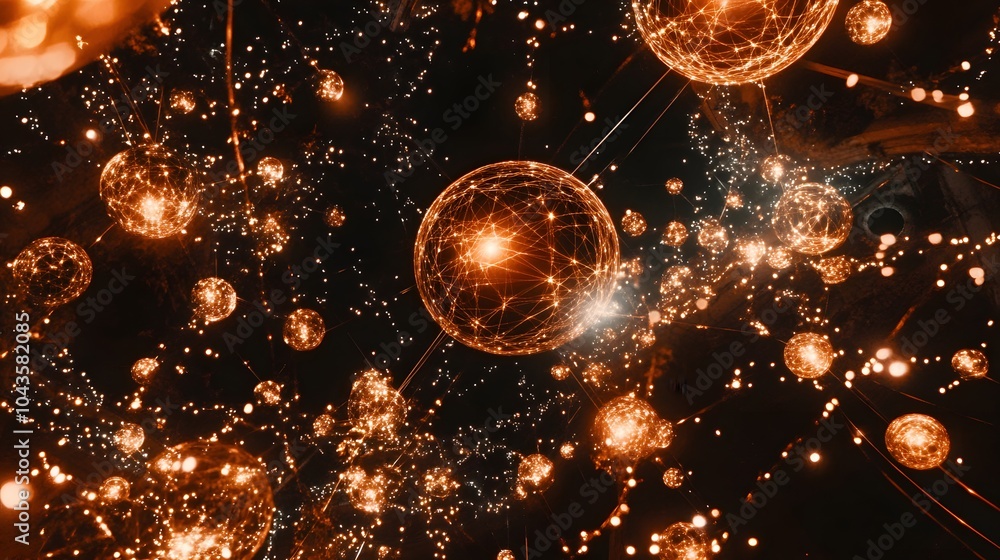 Poster A glowing network of shapes representing unsupervised learning models in machine learning, 4K resolution