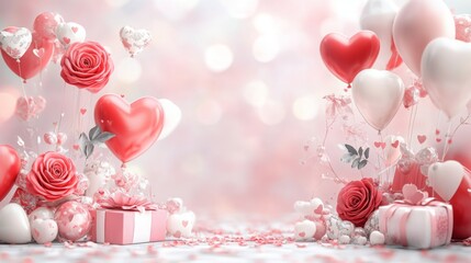 A romantic arrangement of red and pink roses, heart-shaped balloons, and gifts set against a soft, dreamy background.