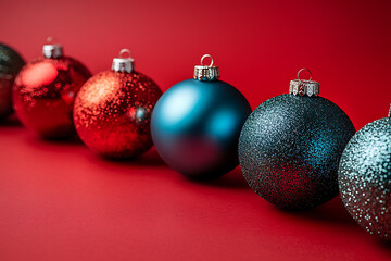Christmas ornaments on a red background with empty space, perfect for festive holiday designs or cards. Bright and cheerful decor adds a touch of seasonal elegance.