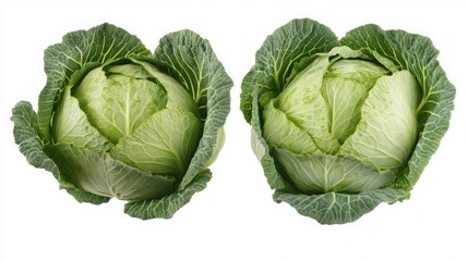 Fototapeta premium Two fresh green cabbages with tightly packed leaves, exhibiting a vibrant and healthy appearance suited for culinary uses.