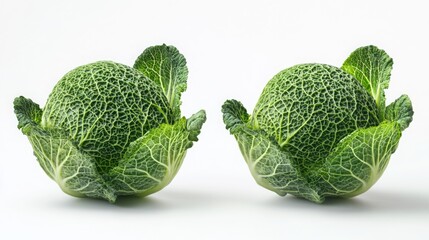 Fototapeta premium Two green cabbages with textured leaves, artfully arranged against a light background, highlighting their fresh, vibrant appearance.