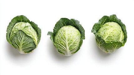 Fototapeta premium Three fresh green cabbages arranged in a row, showcasing their layered leaves and vibrant color against a neutral background.