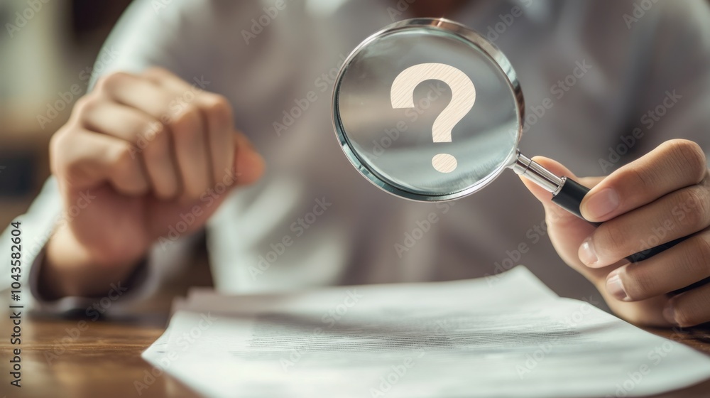 Poster a person examining a paper with a magnifying glass highlighting a question mark, symbolizing inquiry