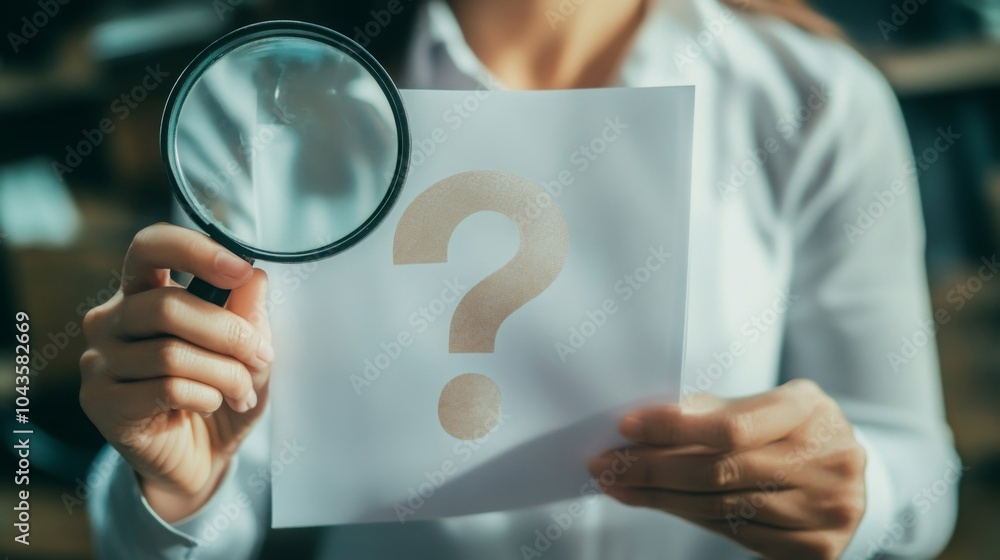 Poster a person holds a magnifying glass over a paper with a large question mark, suggesting inquiry or inv