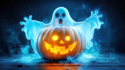 Spooky Halloween Pumpkin with Glowing Ghost