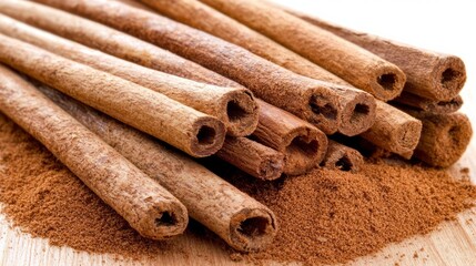 Close-up of cinnamon sticks and ground cinnamon on a wooden surface.