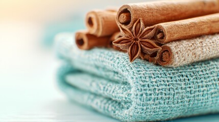 Close-up of cinnamon sticks and star anise on a blue and beige fabric.