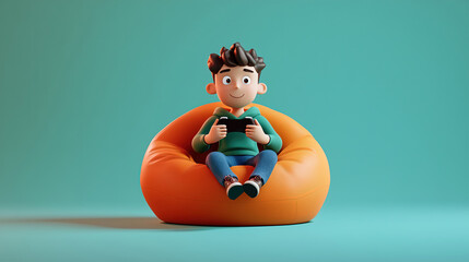 cartoon  boy relaxing on bean bag chair and playing video games on controller, green background, 3d lowpoly
