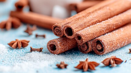Close-up of cinnamon sticks, star anise, cloves, and sugar on a blue background.