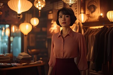 Obraz premium an Asian woman in her late thirties wearing a pink blouse and a dark red skirt, standing inside a store. She has short, straight hair