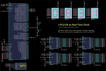 Vector electrical circuit. 
Real-time clock assembled on basis of microcontroller and
seven-segment indicators. Schematic diagram of electronic device.
Technic cad scheme. Electric computer design.