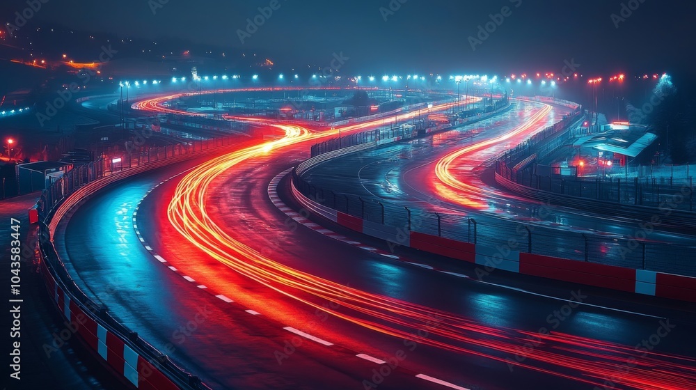 Poster The racing track at night features colorful light trails from speeding vehicles, winding through the curves, creating a dynamic and energetic atmosphere in the urban setting.