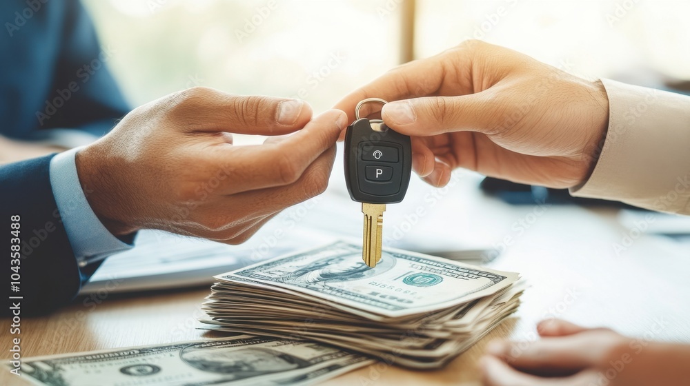 Poster hands exchanging a car key and a stack of money, showing a detailed view of a vehicle purchase trans