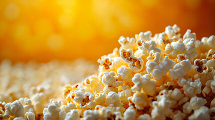 A tight close-up of fluffy, golden popcorn with rich, buttery details, placed against a warm, soft-focus yellow background that enhances its delicious appeal