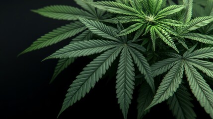 Close-up of green cannabis leaves against a dark background.