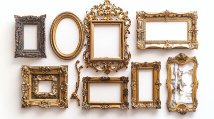 Assorted vintage gilded frames, each with unique details, isolated on a clean white background