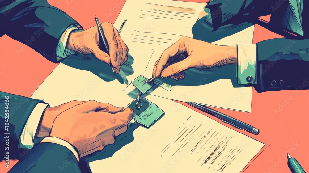 Poster hands exchanging keys and signing documents, representing a property transaction in realistic detail