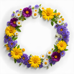 Floral wreath with wildflowers on white background, top view