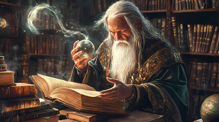 Ancient wizard conjuring magic in library. Arcane Library. Illustration