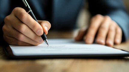Hands signing a digital contract on a tablet, symbolizing a completed transaction with a stylus.