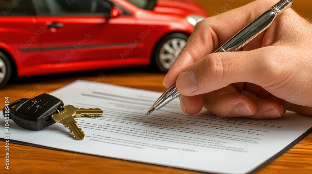 Poster hands signing a purchase agreement for a car, with a detailed view of the contract and keys in the b