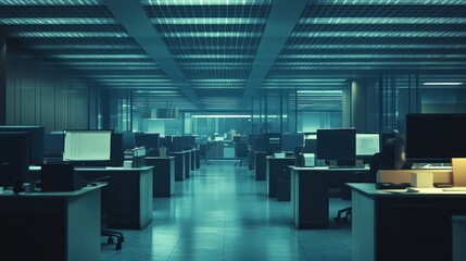 A modern office space with rows of desks and computer monitors, illuminated in a blue hue.