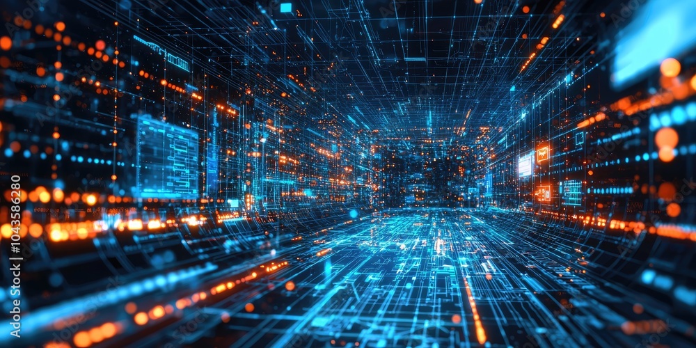 Leinwandbilder A  futuristic data center featuring glowing holographic screens with complex data analytics and advanced AI systems monitoring network traffic.