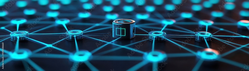 Poster digital network illustration showing connected nodes with glowing blue elements. represents technolo