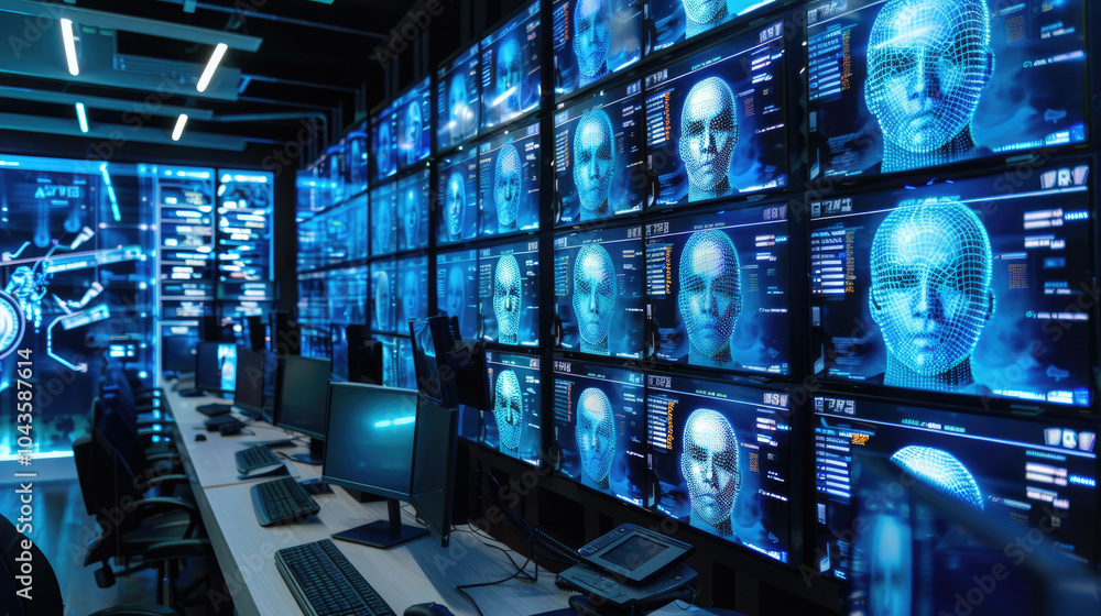 Aufkleber facial recognition technology, human faces with lines of ai biometric system on computer screens in 