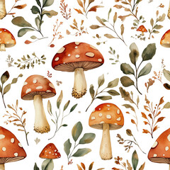 Warm Autumn Mushroom Pattern in Watercolor Style