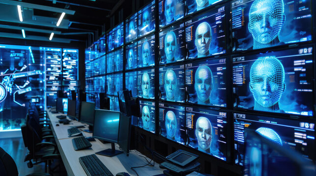 Facial recognition technology, human faces with lines of AI biometric system on computer screens in security room, digital scanning. Concept of identification, monitor