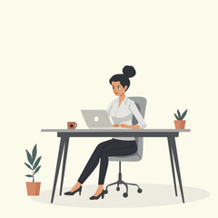 Illustration of a businesswoman working on a laptop at a desk. She is seated in a modern office chair, with plants and a coffee cup on the desk. Ideal for remote work, office, or productivity-themed