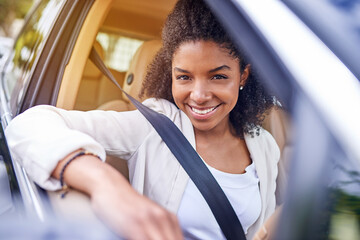 Portrait, business and happy black woman in car for travel, morning commute and journey to work....