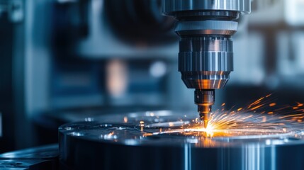 A close-up of a CNC machine cutting metal, producing sparks during the machining process.