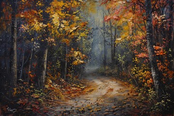 Fototapeta premium Autumn foliage in a secluded forest path ,A serene painting depicting a dirt road winding through a lush, green forest, inviting exploration and tranquility.