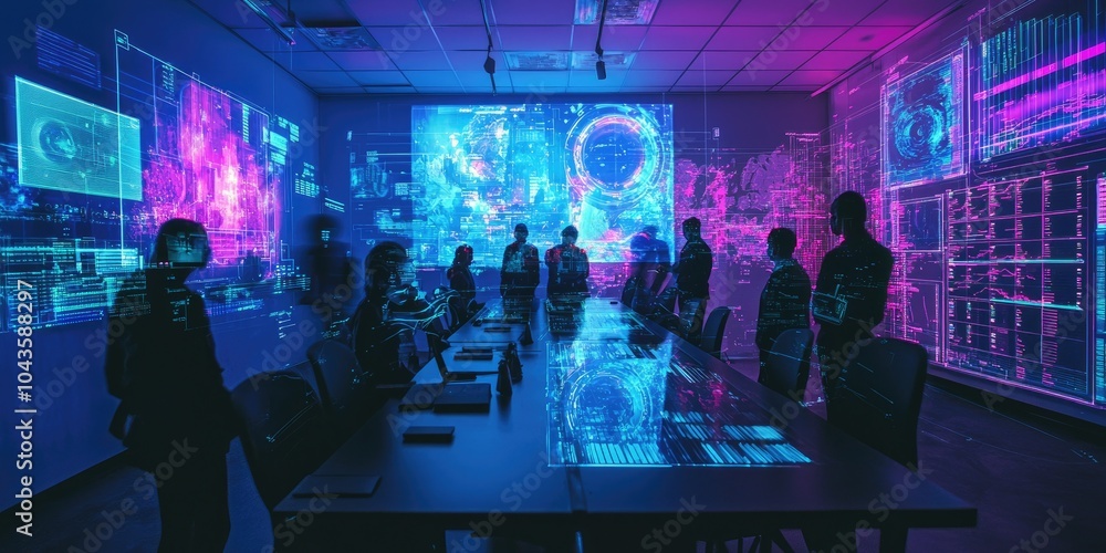 Aufkleber A high-tech documentation room using holographic projectors, where teams work on comprehensive digital records and archives.
