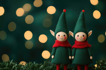 Two playful elf dolls in festive attire with a shimmering backdrop.