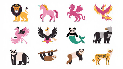 Obraz premium Mythical Creatures and Animals Colorful Illustrations