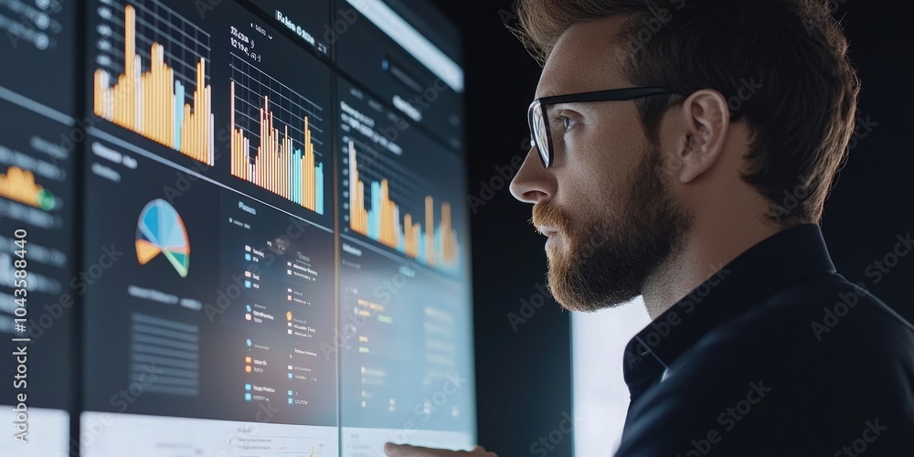 Poster An advanced analytics dashboard displaying detailed statistics and trends, with business professionals analyzing real-time data.